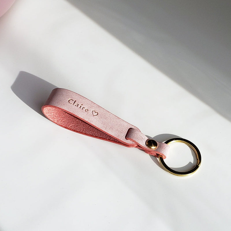 White & Rose Petal Pink Overlaid Leather Loop Keychain Keyring